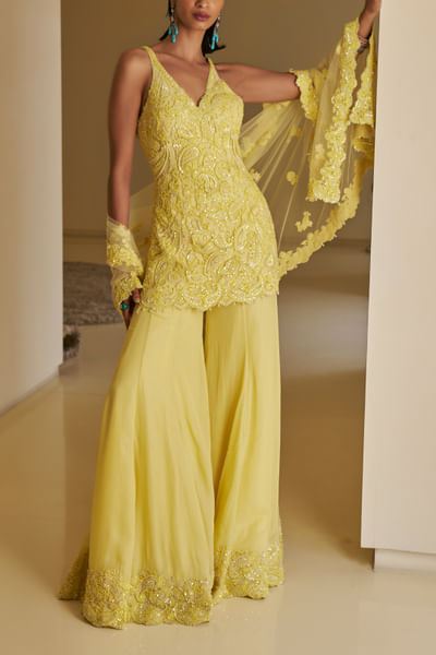 Yellow paisley embroidery sharara set