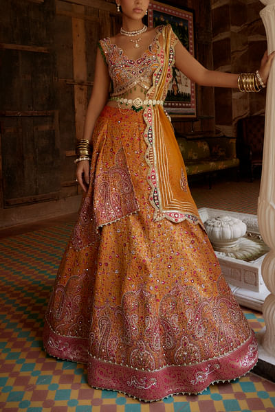 Yellow pearl and resham embroidered jamawar lehenga set