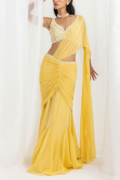 Yellow pearl embellished pre-stitched draped sari set
