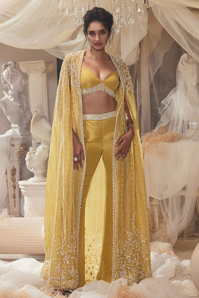 Yellow pearl embroidered cape set
