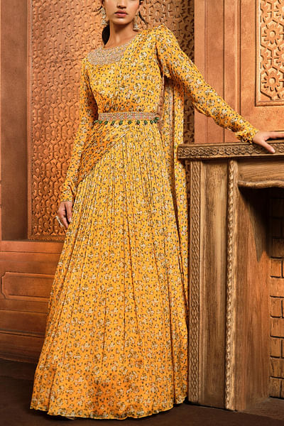 Yellow printed draped anarkali set