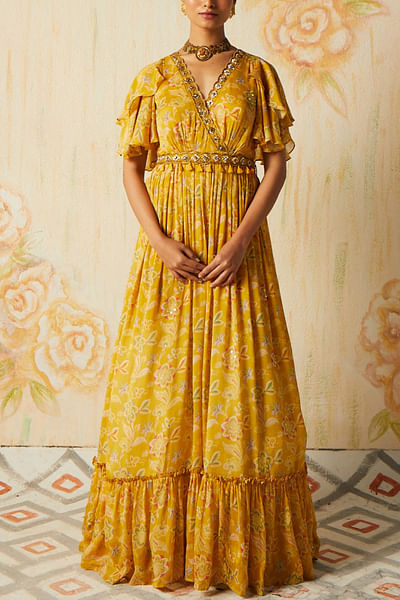 Yellow floral print tiered gown