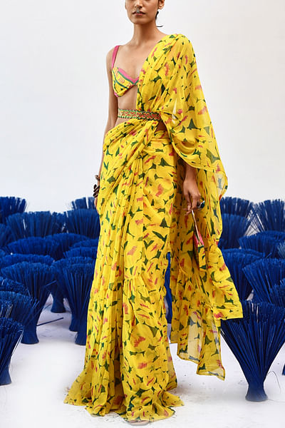Yellow printed ruffled sari set