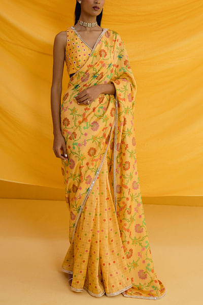 Yellow printed sari set