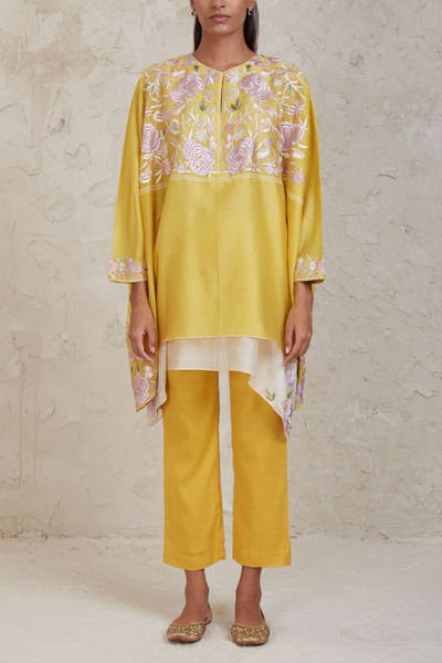Yellow resham thread embroidery kaftan set