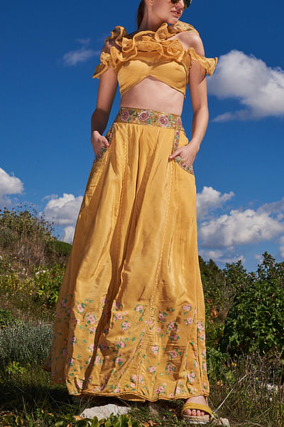 Yellow ruffle top and printed skirt