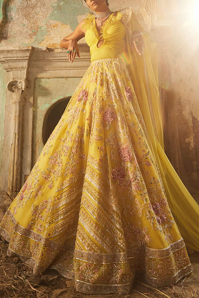 Yellow ruffled bodysuit and lehenga set