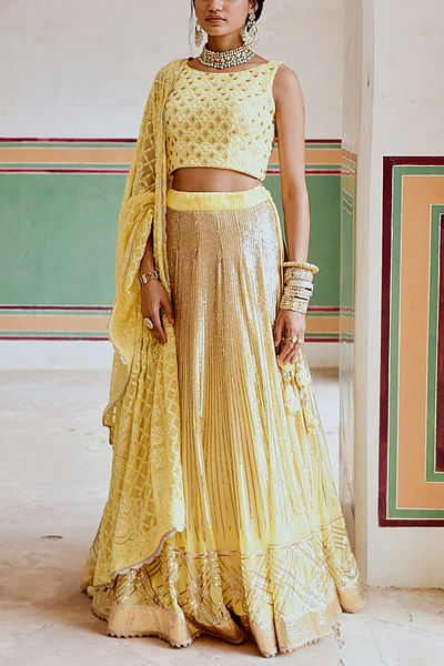 Yellow sequin and chikankari embroidered kali lehenga set