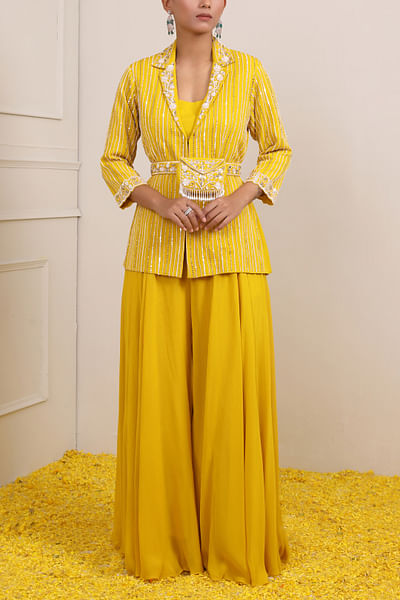 Yellow sequin and mirror embroidery jacket set