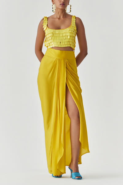 Yellow sequin embroidery draped skirt set
