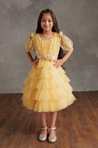 Yellow sequin embroidery ruffled dress