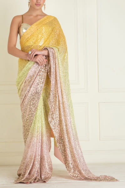 Yellow sequinned pre-stitched saree set