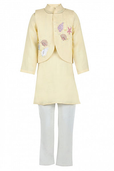 Yellow shell motif embroidery jacket kurta set