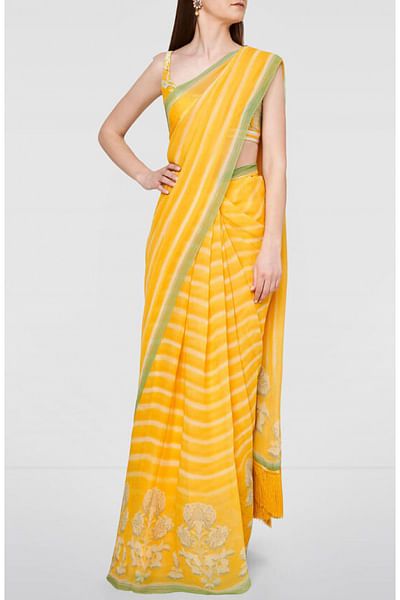 Yellow stripe print sari set