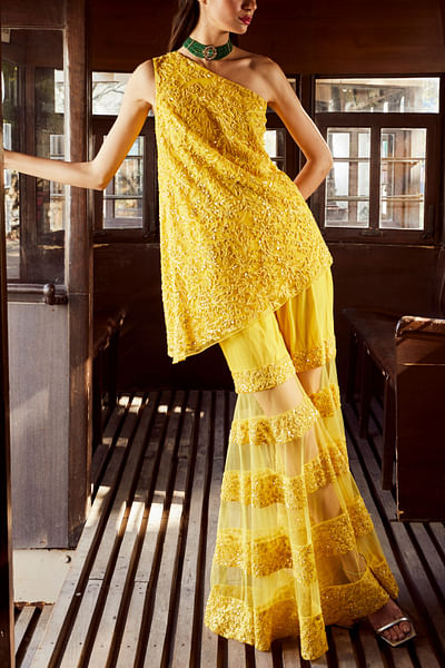 Yellow thread and sequin embroidery sharara set