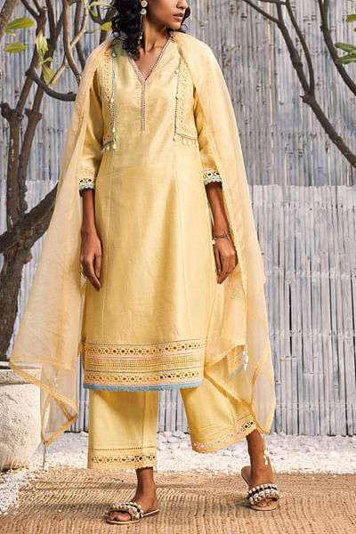 Yellow thread embroidered kurta set
