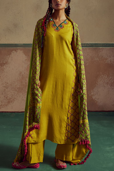 Yellow thread embroidered kurta set