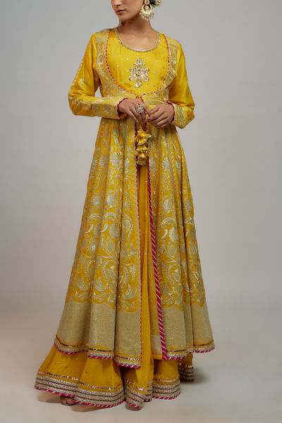 Yellow thread embroidery jacket and anarkali