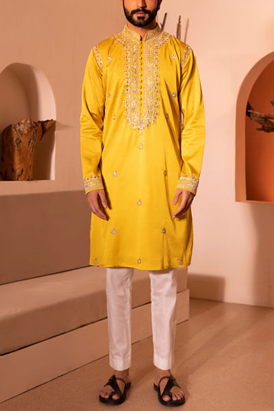 Yellow thread embroidery kurta set