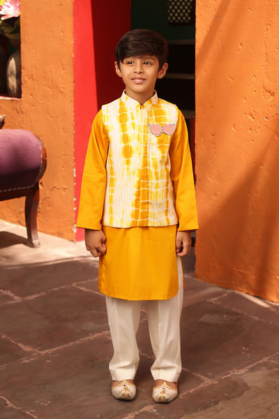 Yellow tie-dye Nehru jacket and kurta set