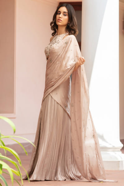 Champagne embroidered pre-draped sari set