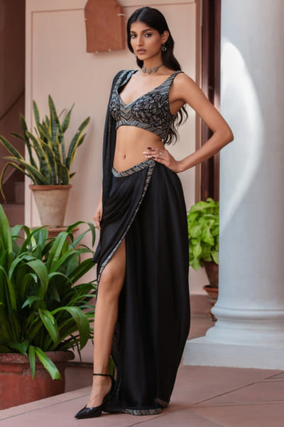Black embroidered pre-draped sari set