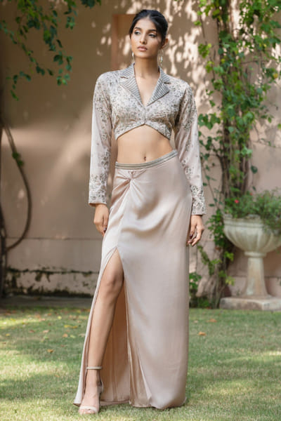 Champagne embroidered and draped skirt set