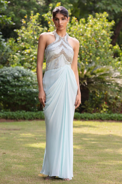 Ice blue embellished crepe gown