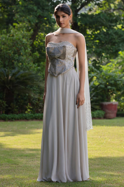Light grey embellished corset and lehenga set
