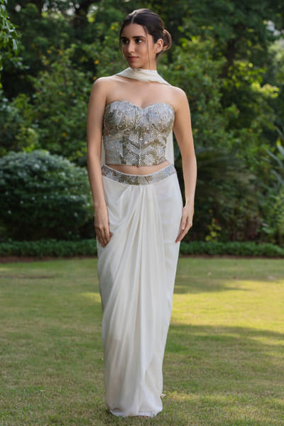 Ivory embellished corset and draped skirt set