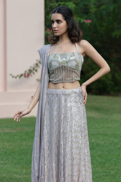 Lilac embellished corset and lehenga set