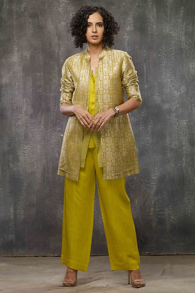 Acid yellow brocade blazer jacket set