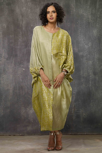 Acid yellow colour block silk brocade dress