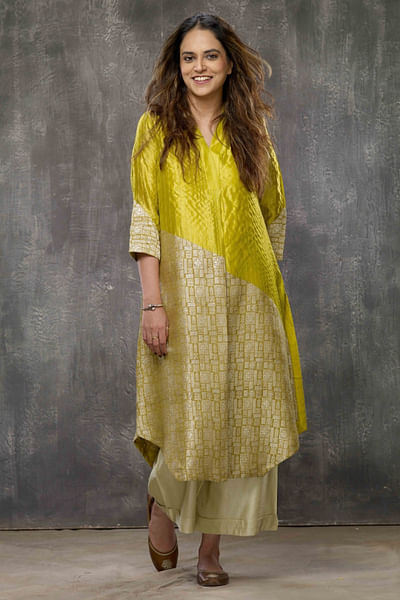 Acid yellow colour block brocade kurta set