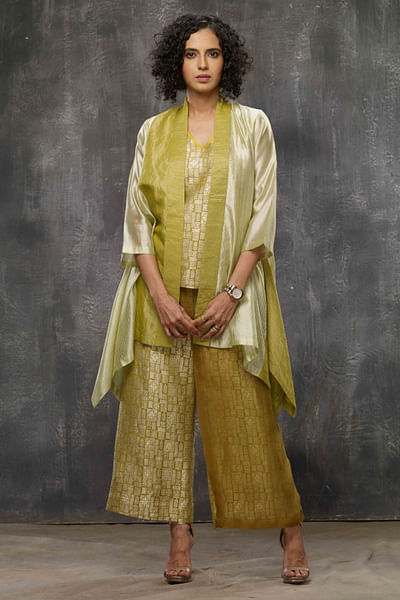 Acid yellow brocade jacket set