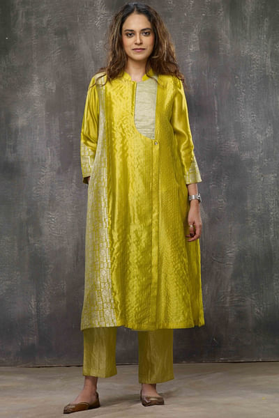 Acid yellow brocade kurta set