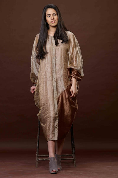 Copper and black colour blocked woven dress