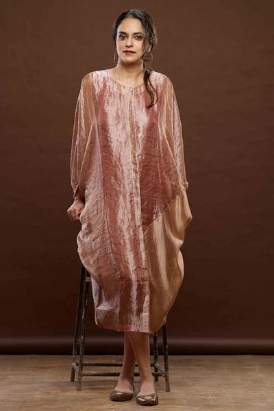 Rose pink and beige colour blocked woven dress