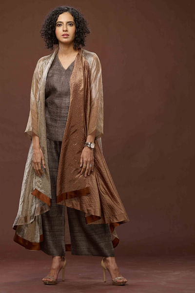 Copper and black zari woven flared jacket set