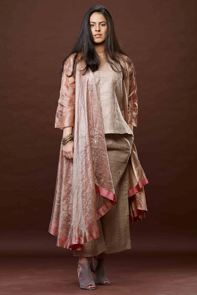 Beige and rose pink zari woven jacket set