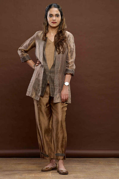 Copper and black zari woven blazer jacket set
