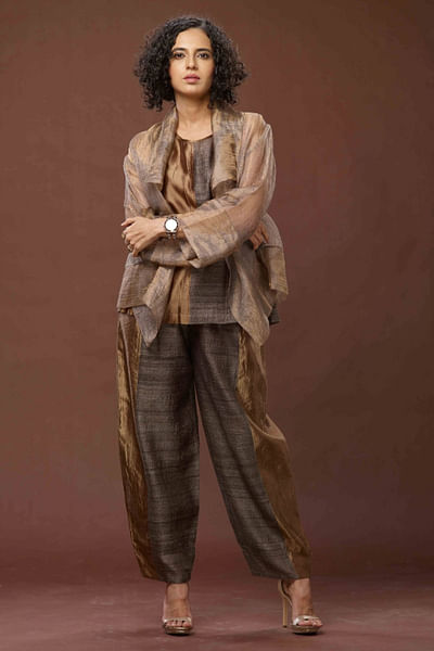 Copper and black zari woven short jacket set
