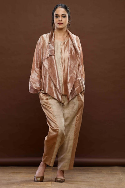 Rose pink and beige zari woven jacket set
