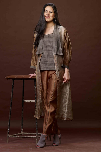 Copper and black zari woven trench jacket set