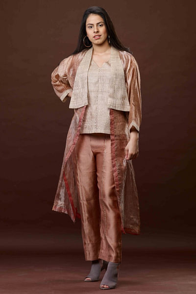 Rose pink beige zari woven trench jacket set