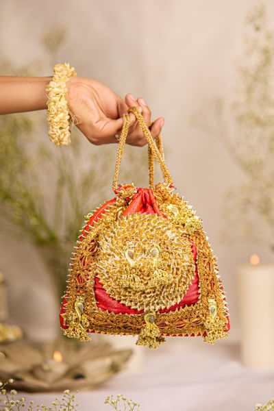 Orange peach gota patti-peacock ghungroo potli