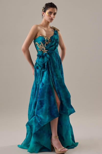 Blue draped gown