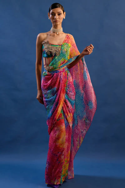 Multicolour printed sari set