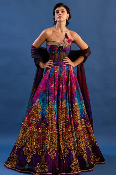 Multicolour crystal embellished lehenga set