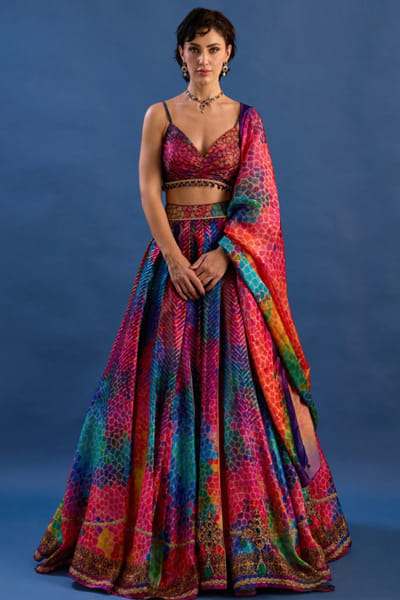 Multicolour printed brocade lehenga set